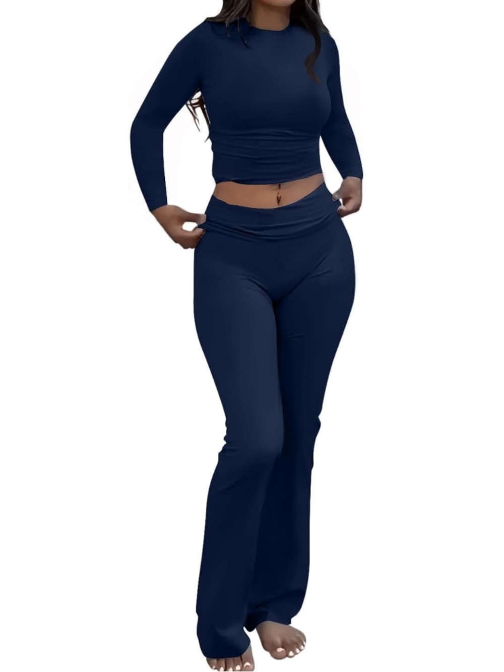 2 Piece Foldover Flare Pants Long Sleeve Sets
